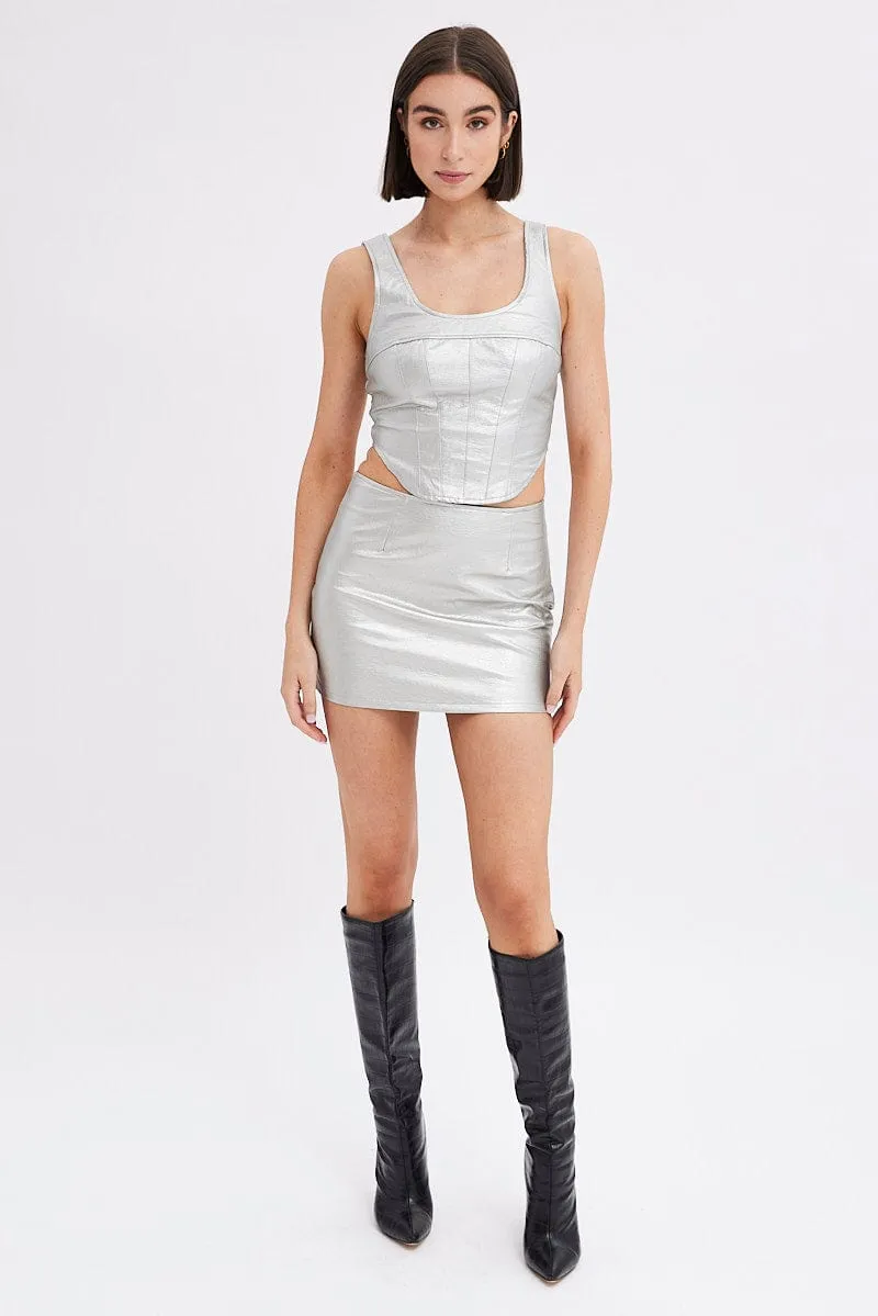 Metallic Mini Skirt Mid Rise PU Faux Leather Silver Side Pockets
