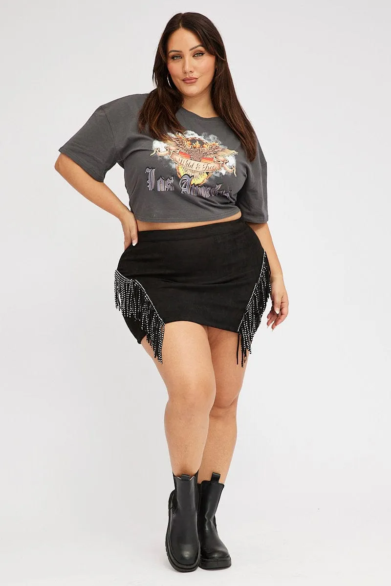 High-Quality Fabric Indoor Comfort Grey Graphic T-shirt Short Sleeve Crew Neck Cropped