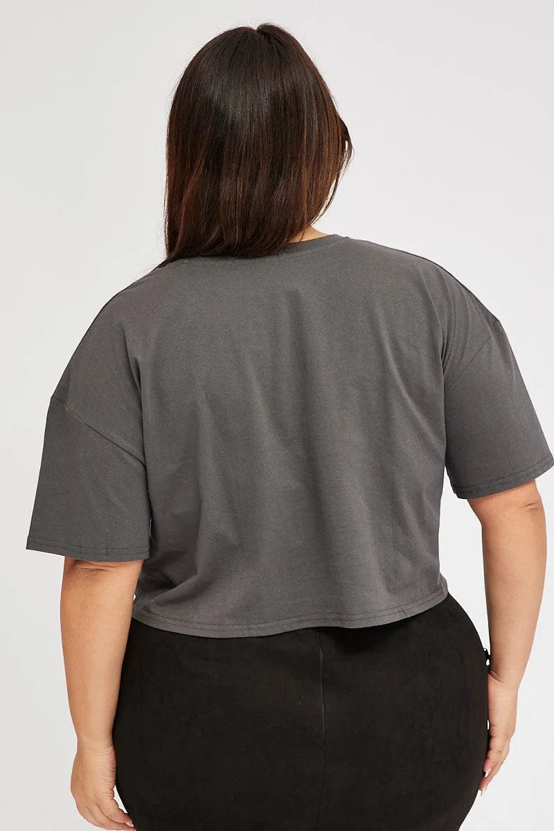 Functional Side Gussets Grey Graphic T-shirt Short Sleeve Crew Neck Cropped