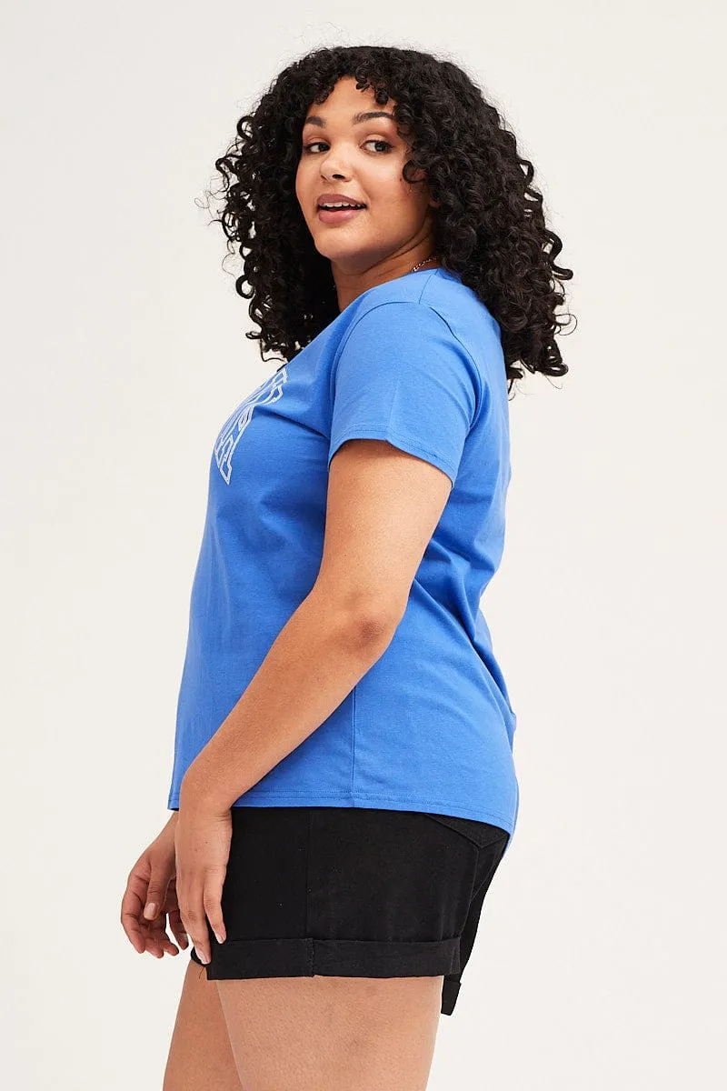 Mid Blue Graphic Short Sleeve Regular T-shirt Trendy Fabric