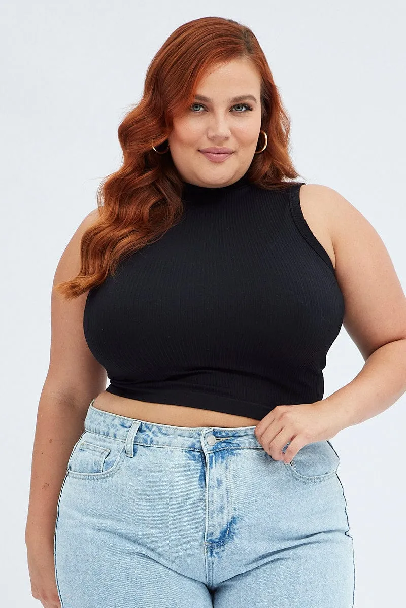 Black Tank Top High Neck Seamless StaticFreeLining LayeredNeckline