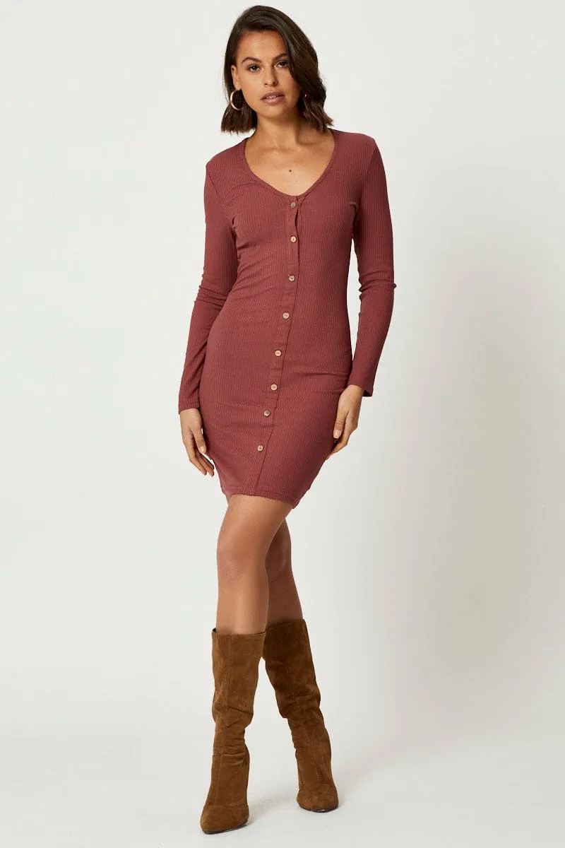 Brown Button Front Bodycon Dress SmoothZipper