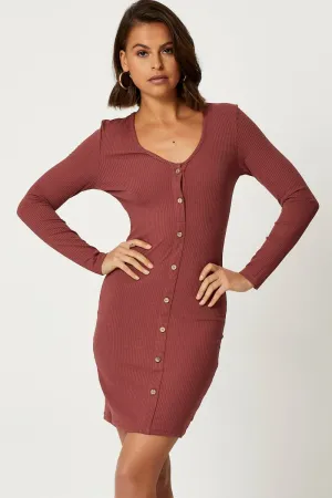 Basic Wardrobe Brown Button Front Bodycon Dress