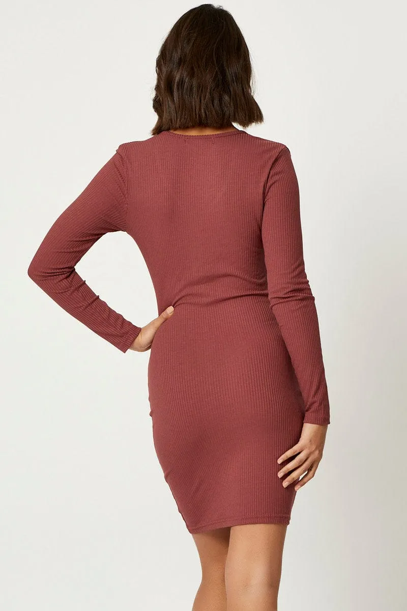 Brown Button Front Bodycon Dress Winter Ready Flexible Hemline