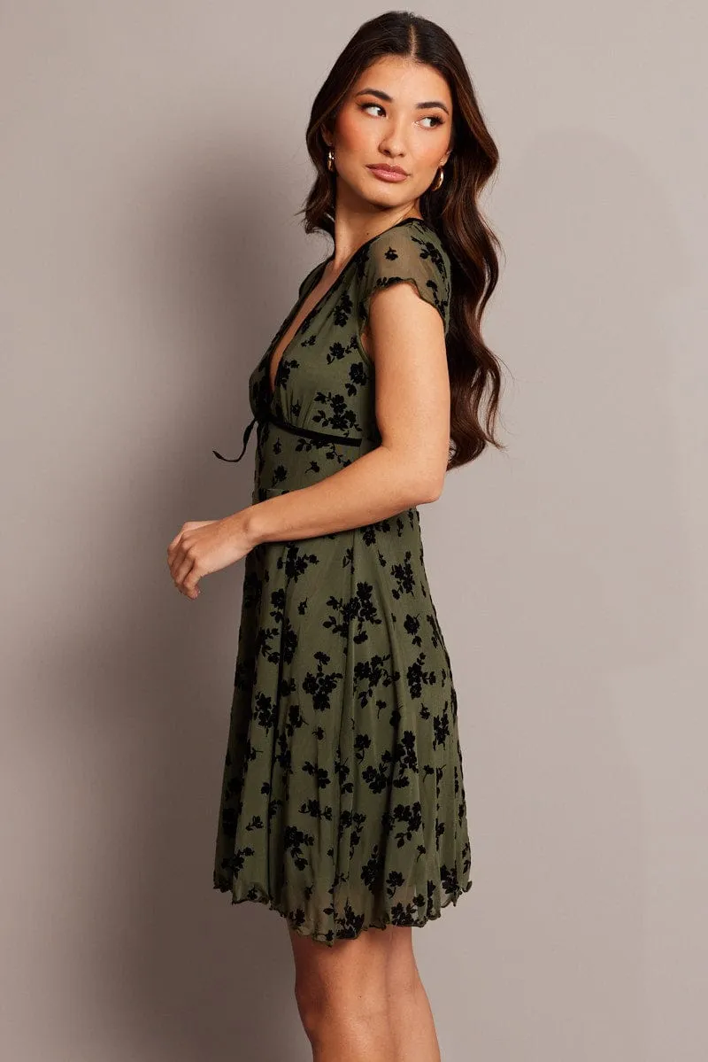 Green Ditsy Mini Dress Short Sleeve Burn out Full Coverage Back
