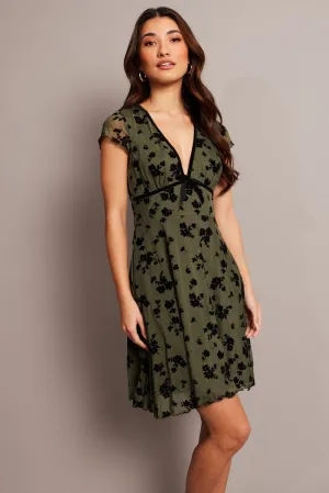 Green Ditsy Mini Dress Short Sleeve Burn out Foldable Design