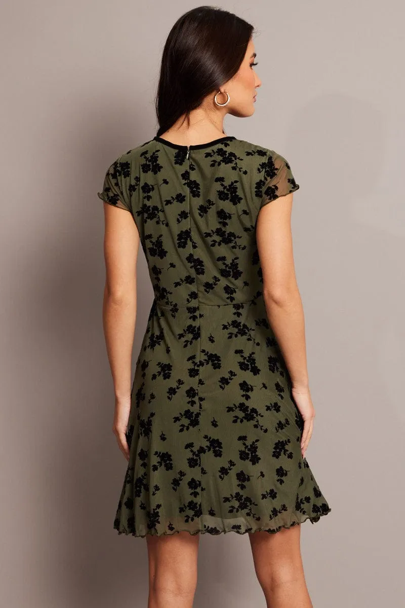 Green Ditsy Mini Dress Short Sleeve Burn out Match Fast