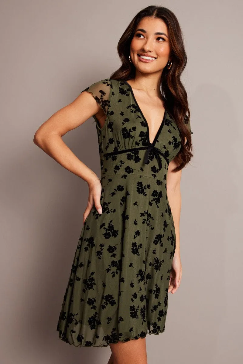 Green Ditsy Mini Dress Short Sleeve Burn out Smart Casual Shine Hot