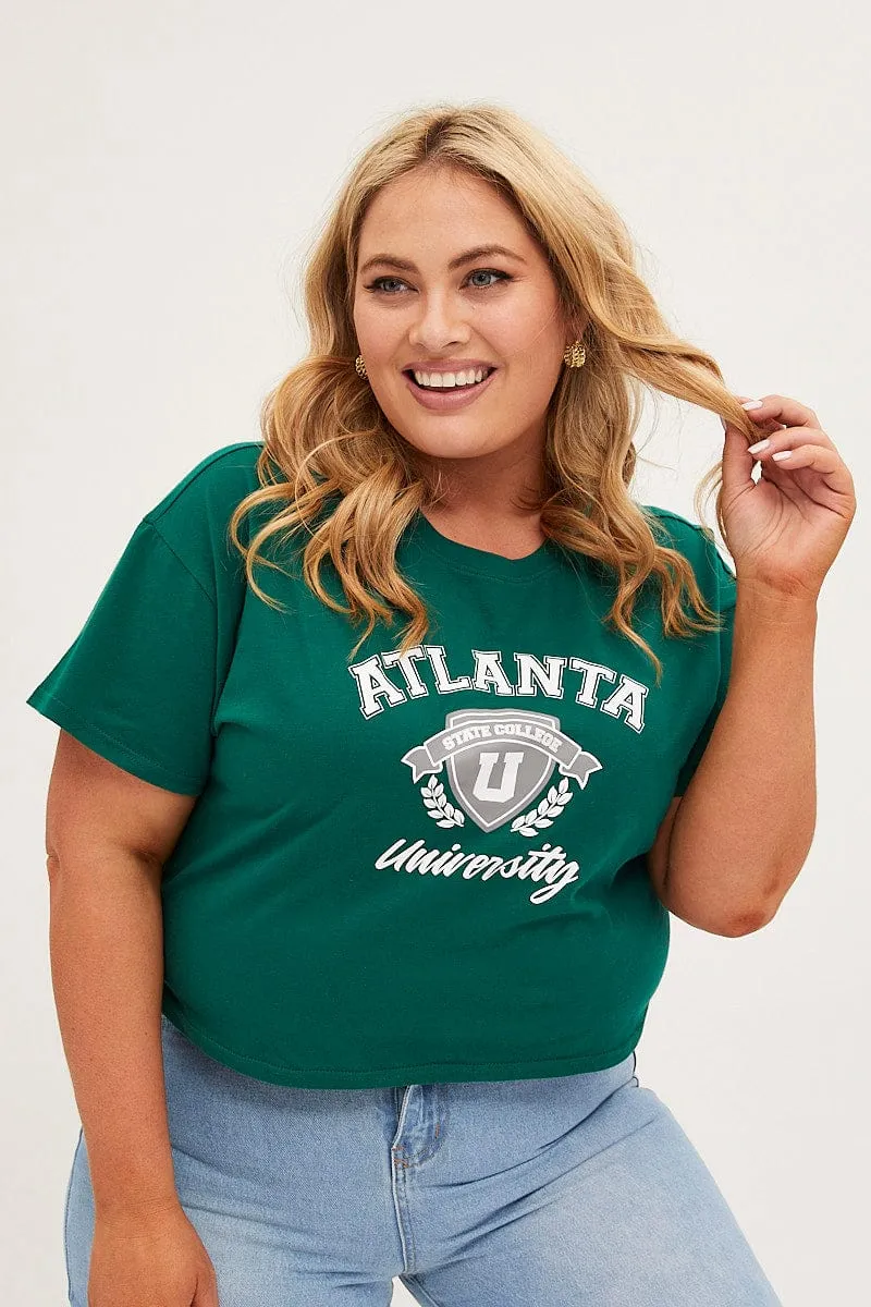 NoSideSeams Green Graphic T-shirt Atlanta Crop Cotton