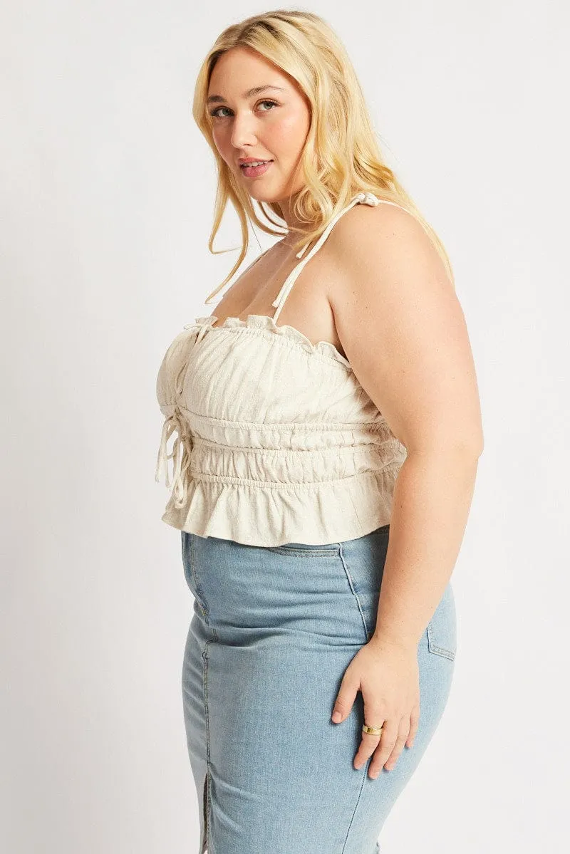 Beige Cami Top Sleeveless Ruched Tie Front Linen Blend HighVisibility Trim Neo Mode