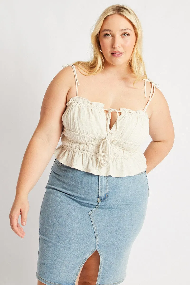 Art Glow Casual Trousers Beige Cami Top Sleeveless Ruched Tie Front Linen Blend