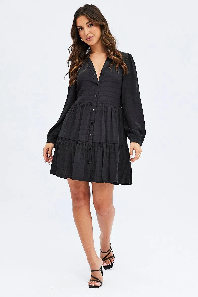 Black Shirts Dress Long Sleeve DoubleLayered NoSlip Hem