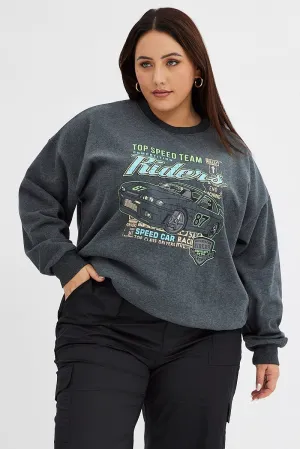 Grey Oversized Sweatshirt Racing Tour Printed Fleece product budget friendly