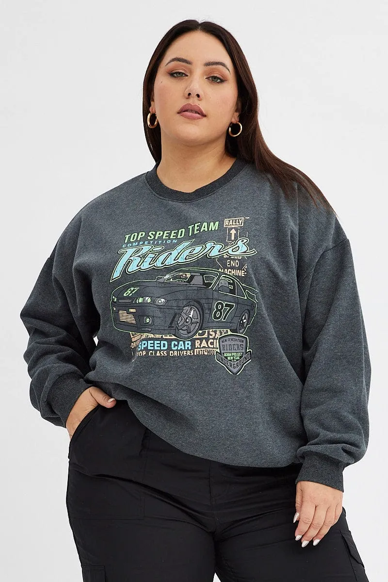 product personalized touch Grey Oversized Sweatshirt Racing Tour Printed Fleece