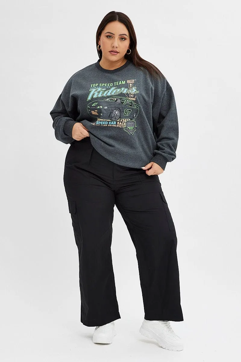 Grey Oversized Sweatshirt Racing Tour Printed Fleece Urban Sporty