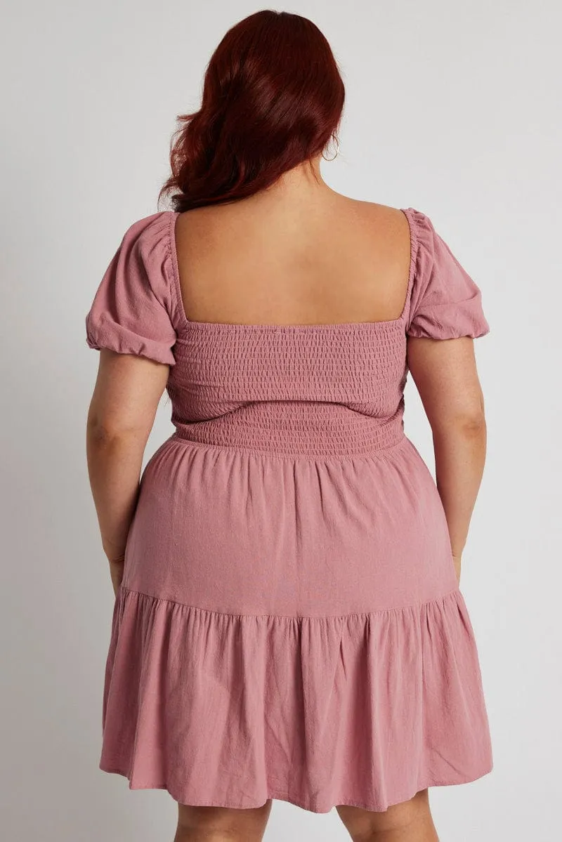 Pink Drawstring Front Mini Dress Cross Back Support Design Eco Friendly Fabric