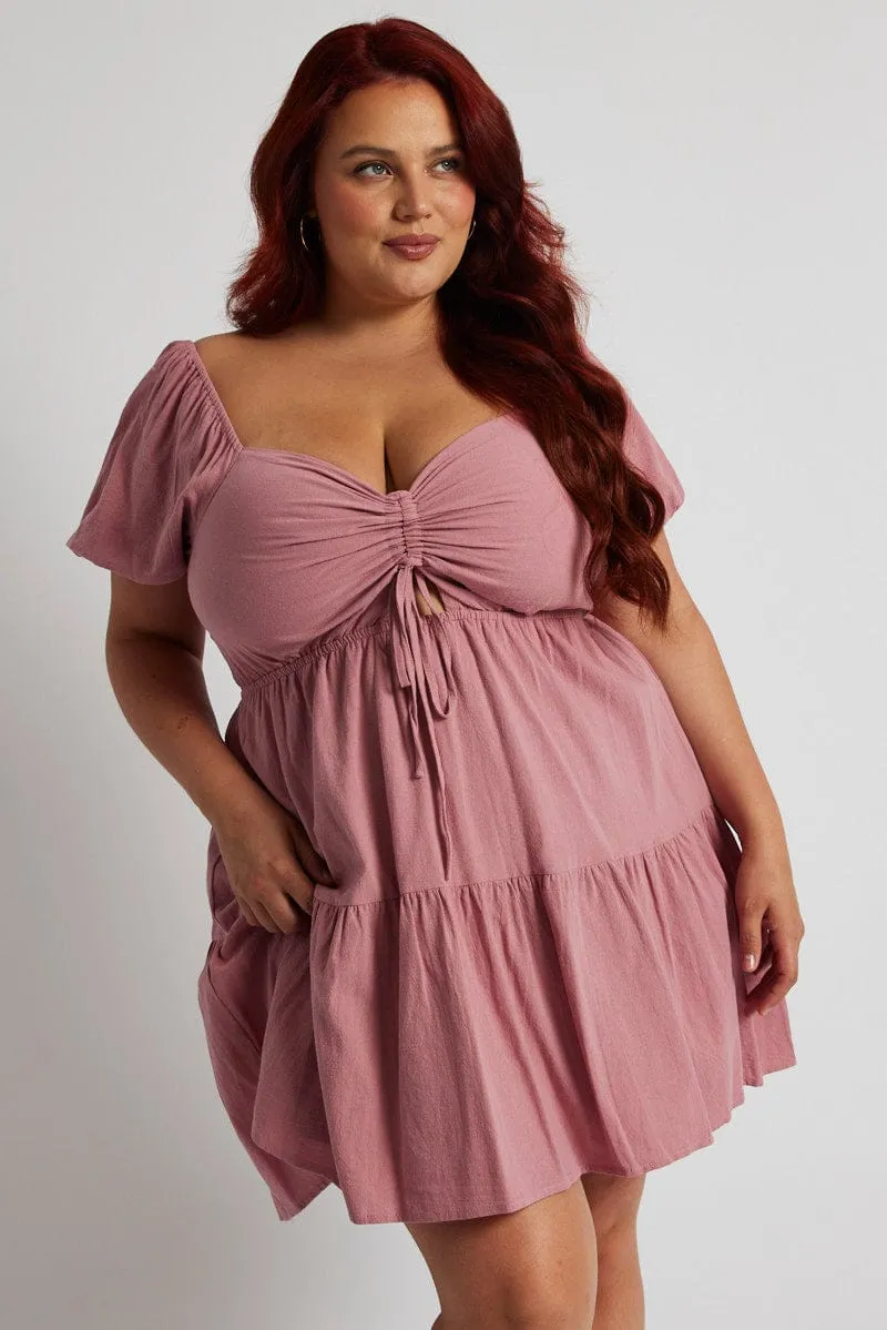 Pink Drawstring Front Mini Dress Light Touch Street Chic