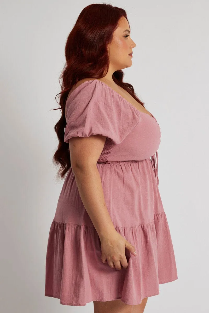 Easy Care Pink Drawstring Front Mini Dress