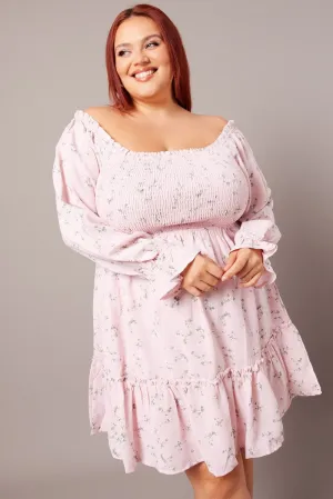 Smart Casual Wear Convertible Straps Pink Floral Shirred Bodice Mini Dress