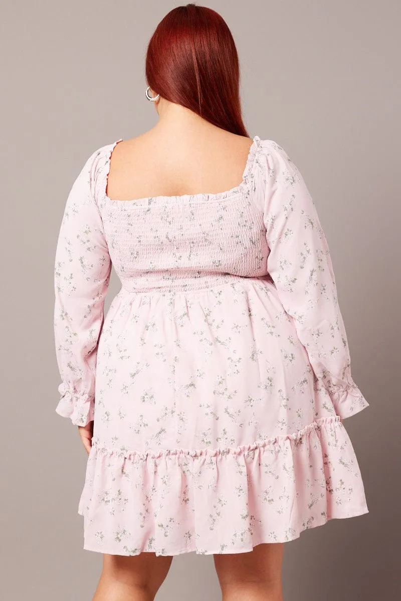 Pink Floral Shirred Bodice Mini Dress Elegant formal mini gown