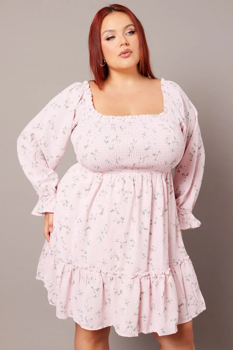 Beat Star Pink Floral Shirred Bodice Mini Dress