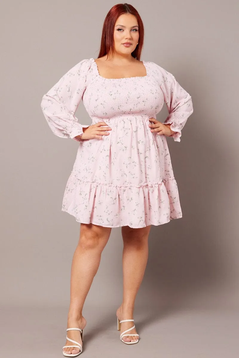 Pink Floral Shirred Bodice Mini Dress Short Game Easy Fit