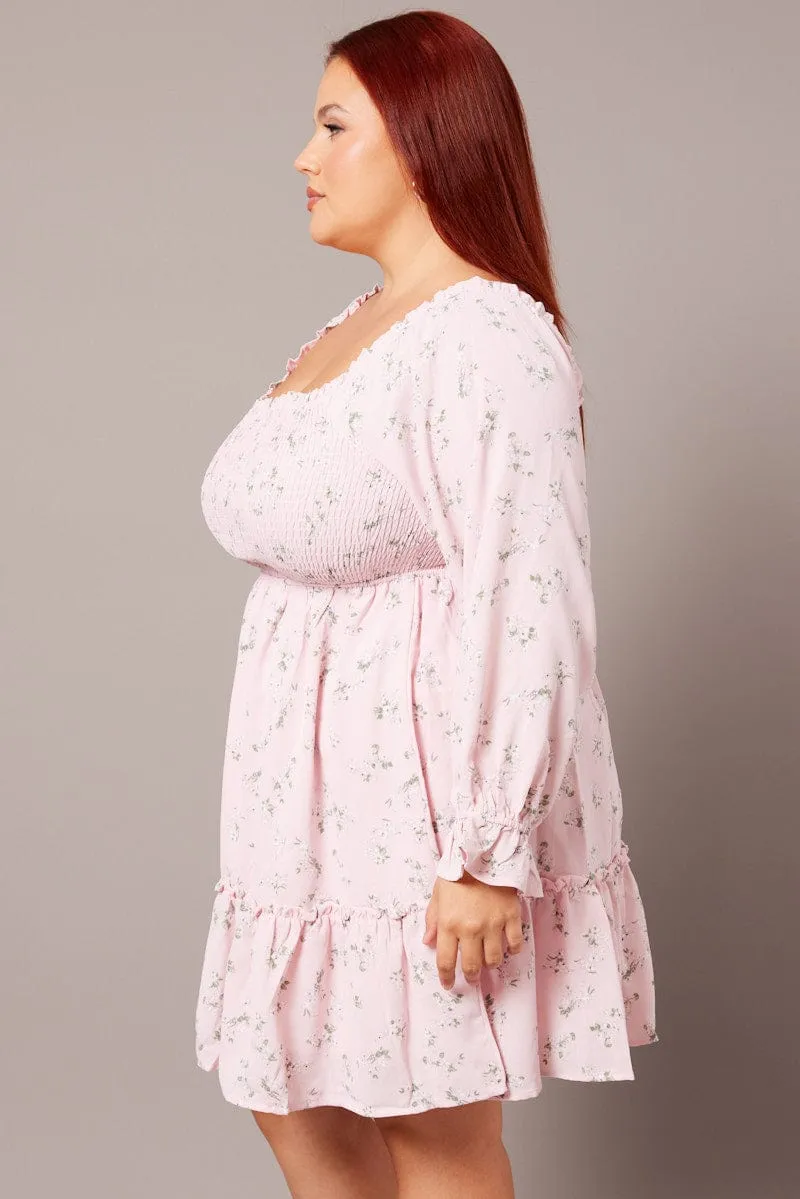 Trendy Appeal Pink Floral Shirred Bodice Mini Dress