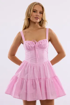 Pink Stripe Fit And Flare Dress Mini Gathered Bust Playful Style Tagless Labeling