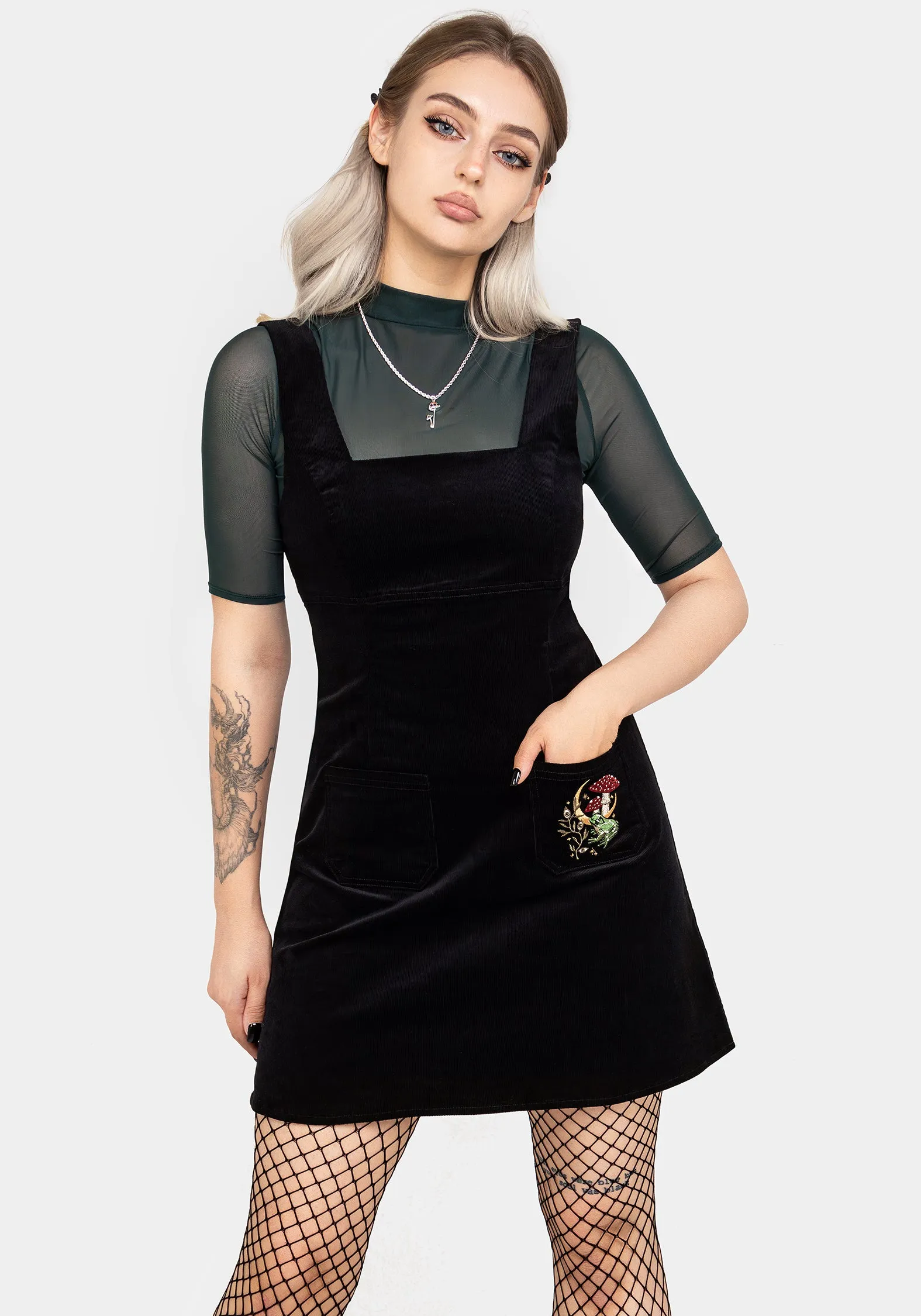 Stretch Fit Design Edge Hot Swamplife Embroidered Cord Mini Pinafore Dress
