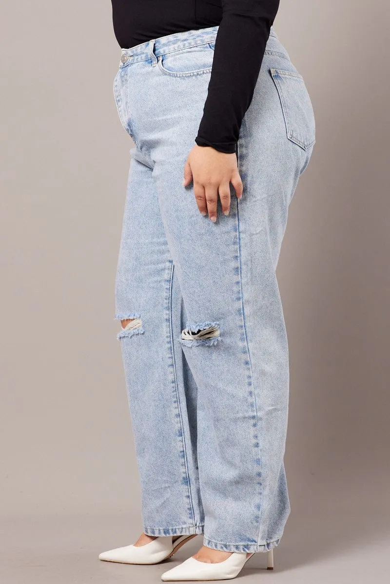 Denim Mom Jeans High Rise Distressed Quick Wash Premium Cotton Blend