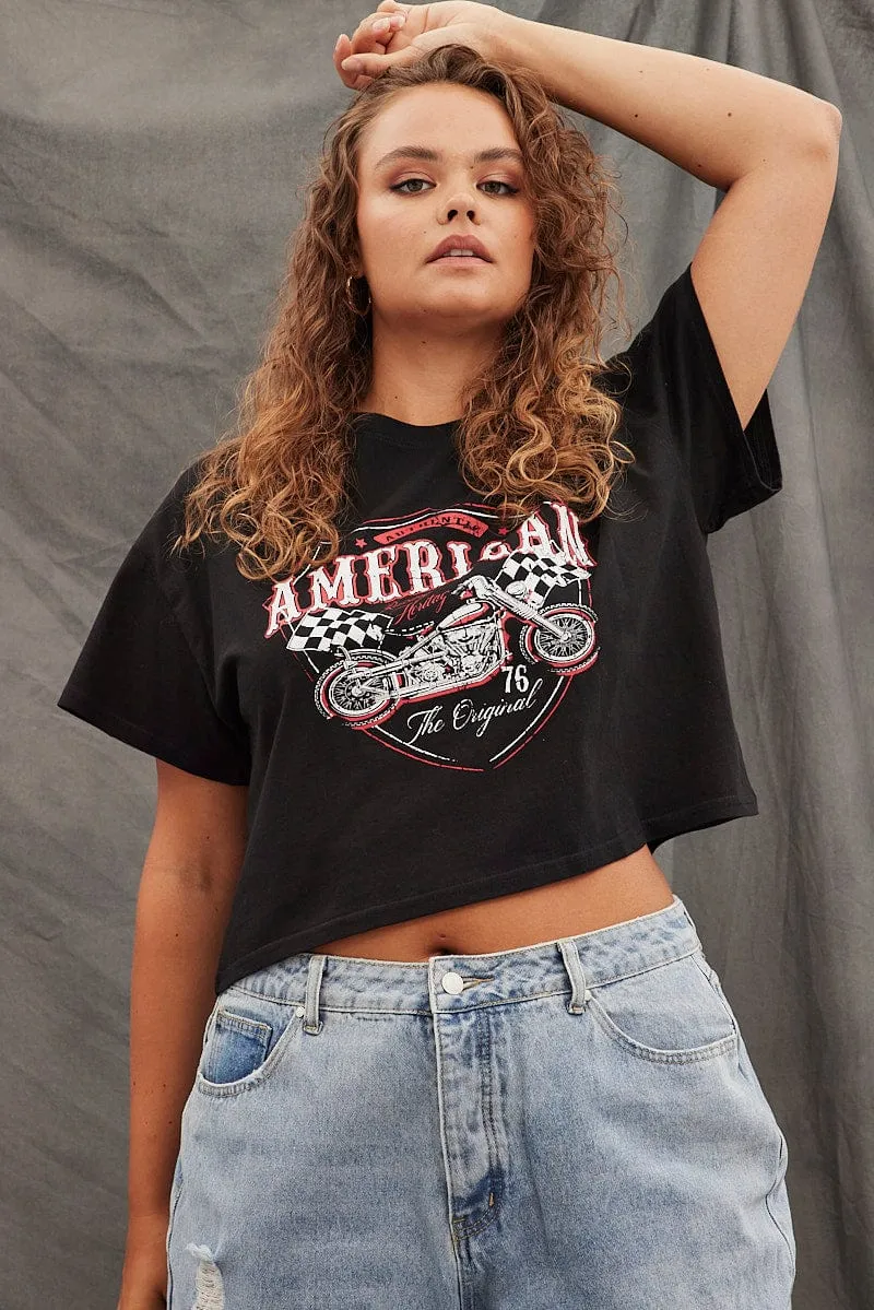 Black Graphic T-shirt American Vintage Crop Cotton Active Look