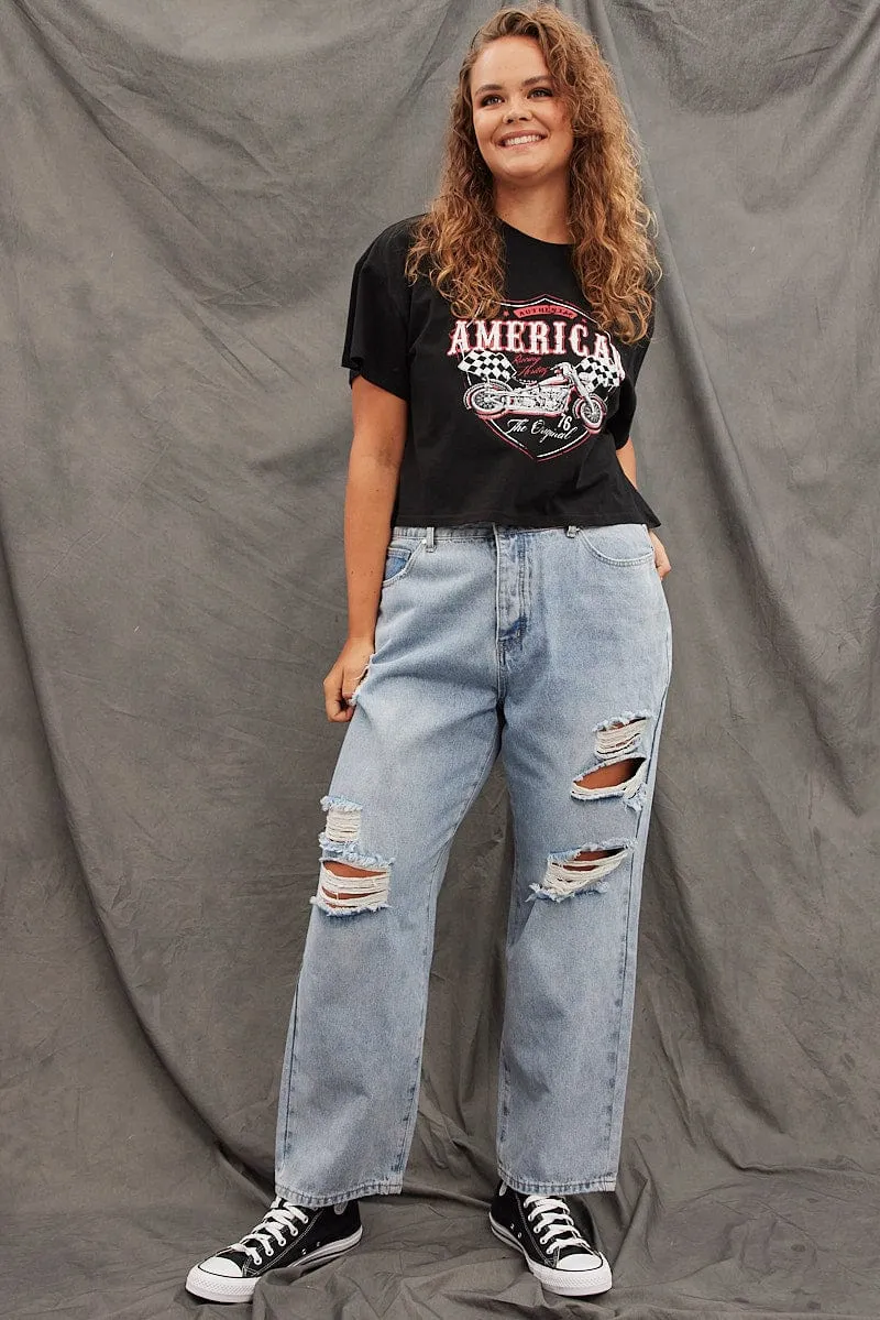 Black Graphic T-shirt American Vintage Crop Cotton FlexibleKnit