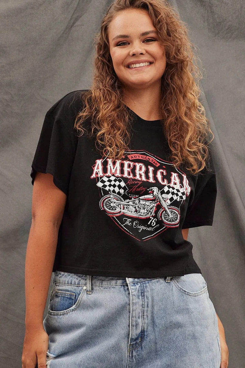 Black Graphic T-shirt American Vintage Crop Cotton Reinforced Shoulder Stitching