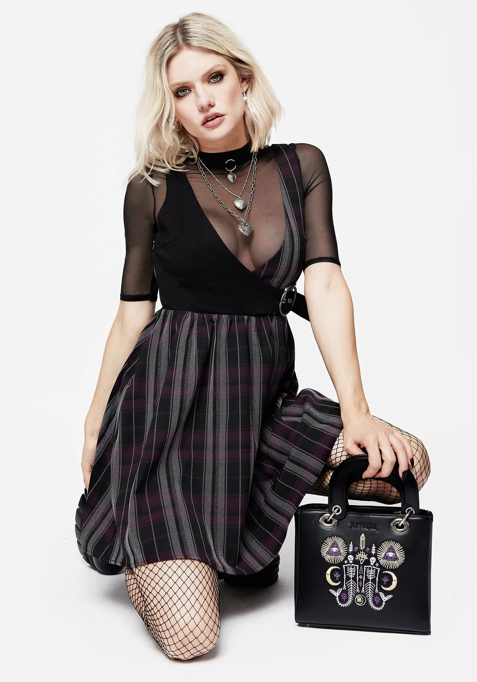 Gambit Check Wrap Suspender Mini Dress wrinkle free Hidden Pocket Design