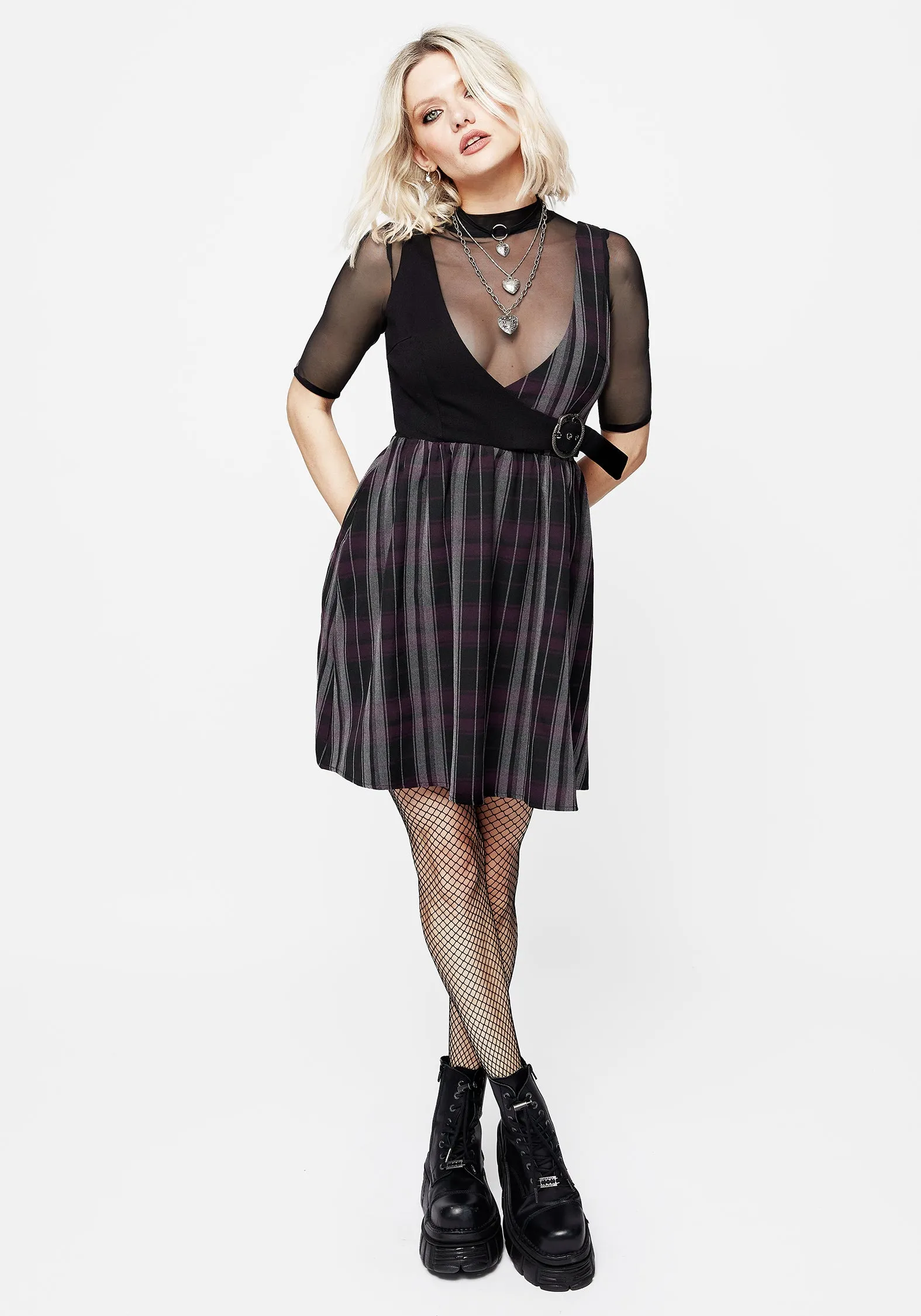 Flash Beat Gambit Check Wrap Suspender Mini Dress