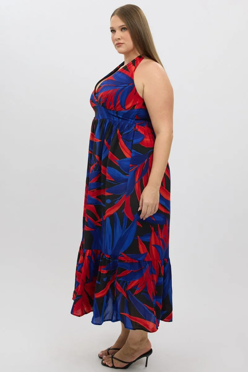 Trendy office attire Black Floral Halter Dress Sleeveless Tiered