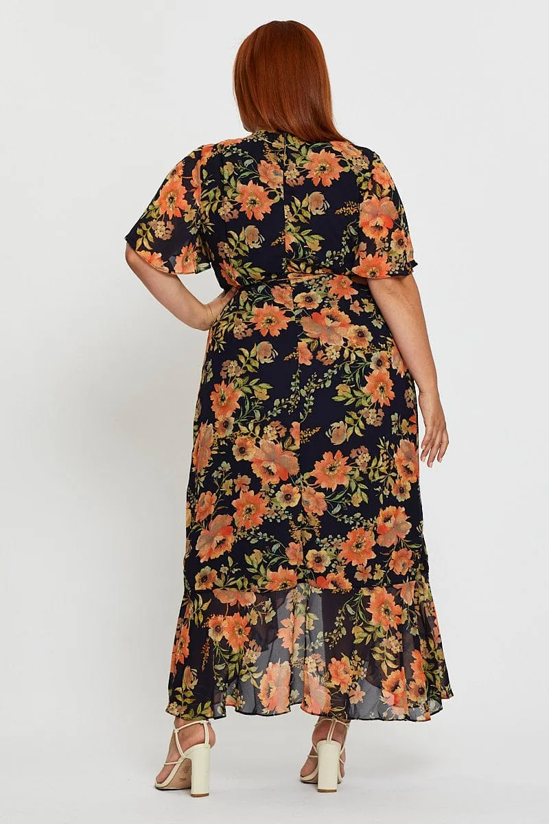 Sophisticated Design Beach Path Blue Floral Print Midi Dress V-neck Short Sleeve