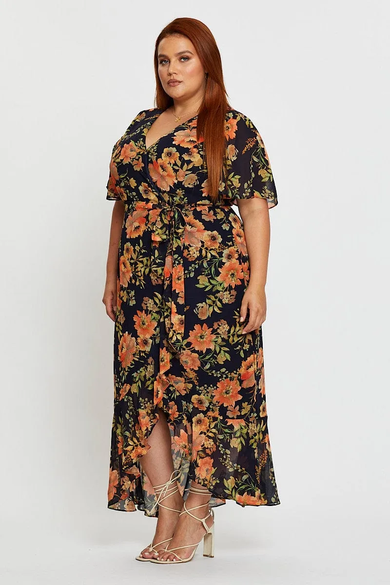 Blue Floral Print Midi Dress V-neck Short Sleeve Coastal Path Flattering wear