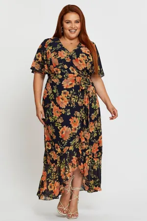 Fashionable Fit Blue Floral Print Midi Dress V-neck Short Sleeve
