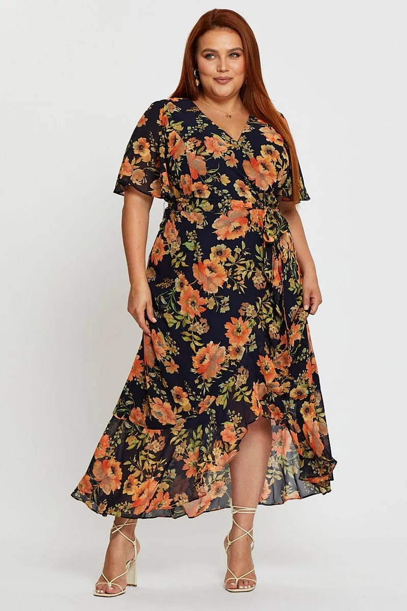 Blue Floral Print Midi Dress V-neck Short Sleeve Mist Valley