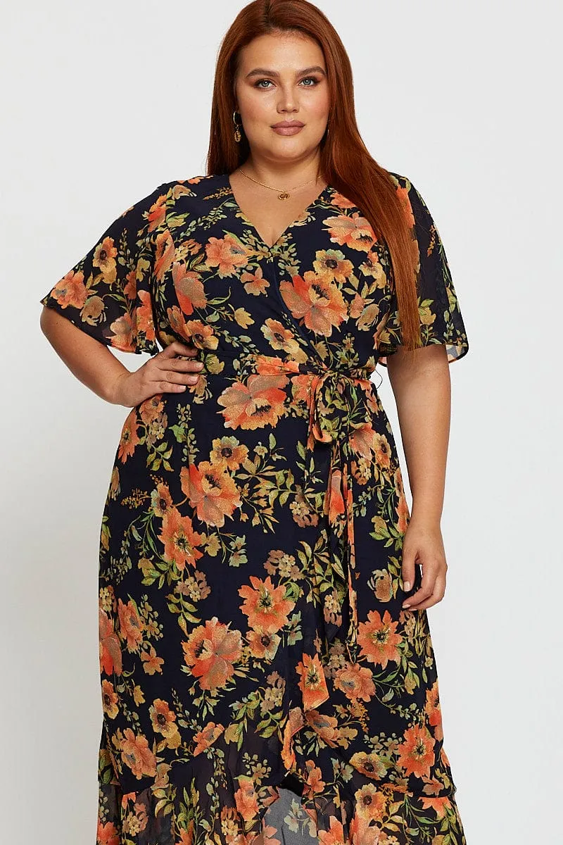Blue Floral Print Midi Dress V-neck Short Sleeve Chic and Simple Stylish dress for gatherings