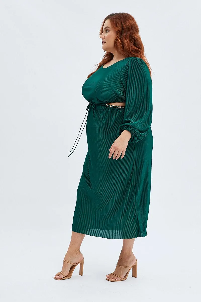 Beautiful floral midi Green Midi Dress Long Sleeve Cut Out Plisse