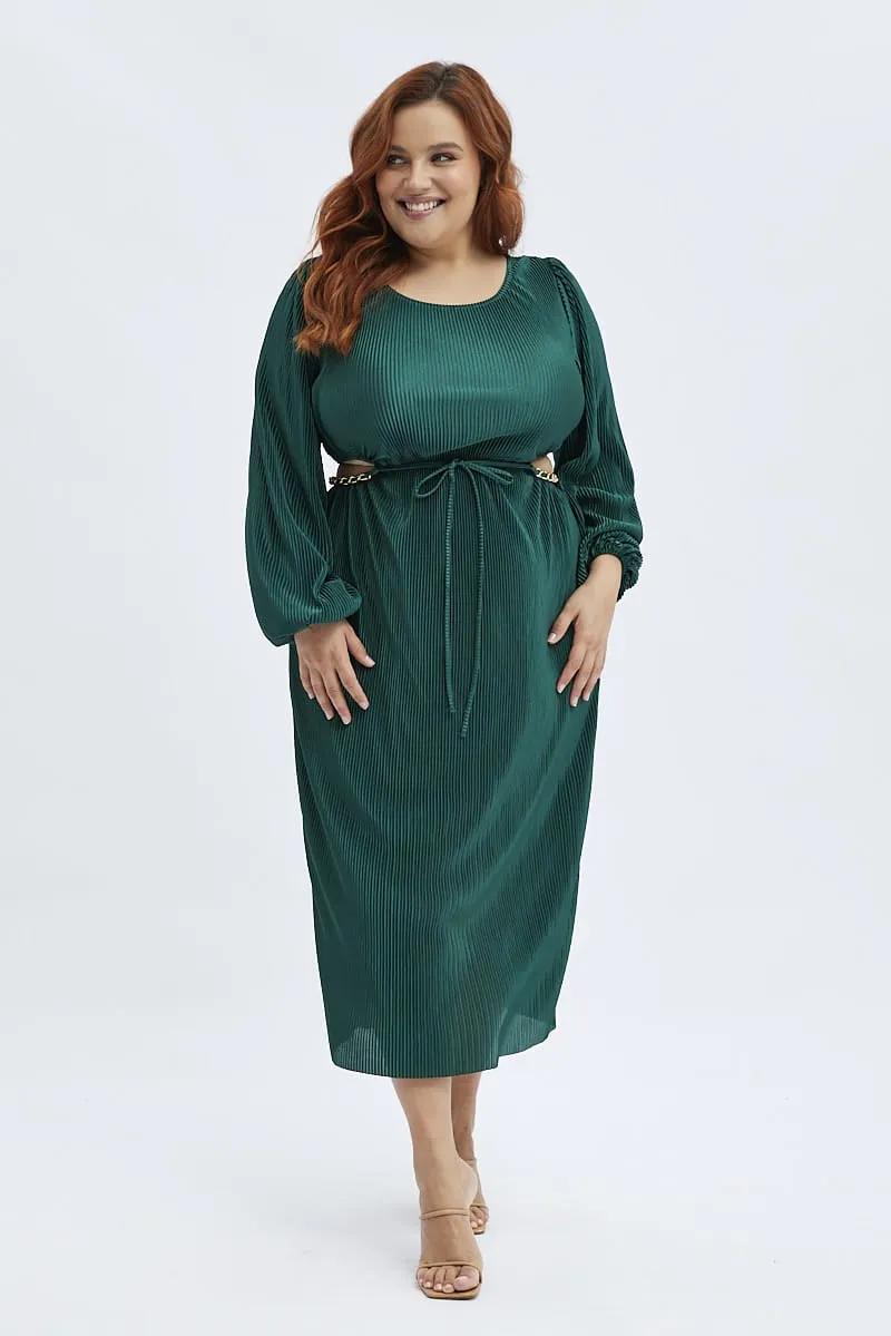 Green Midi Dress Long Sleeve Cut Out Plisse Timeless Silhouettes