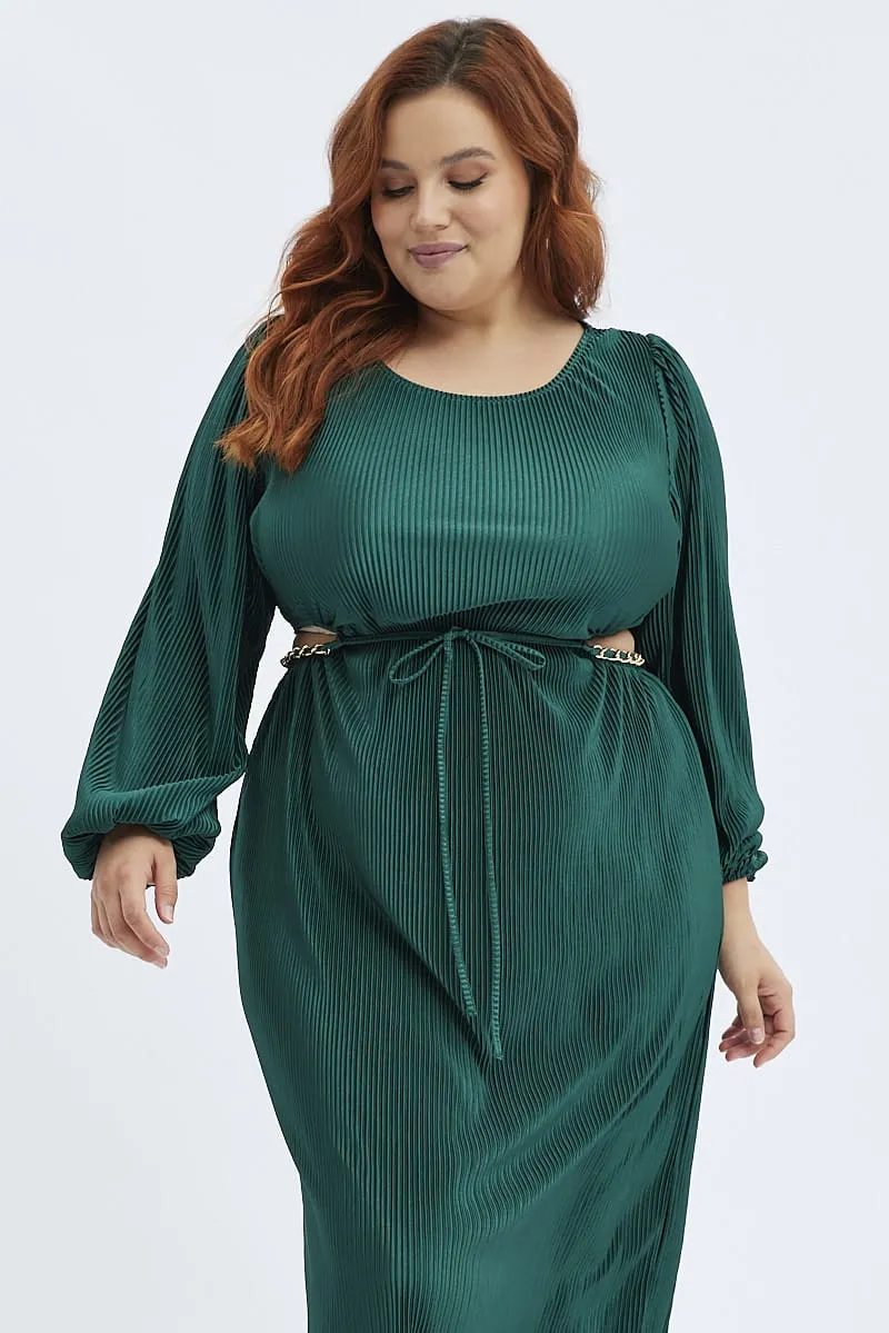 Green Midi Dress Long Sleeve Cut Out Plisse Quick Layer
