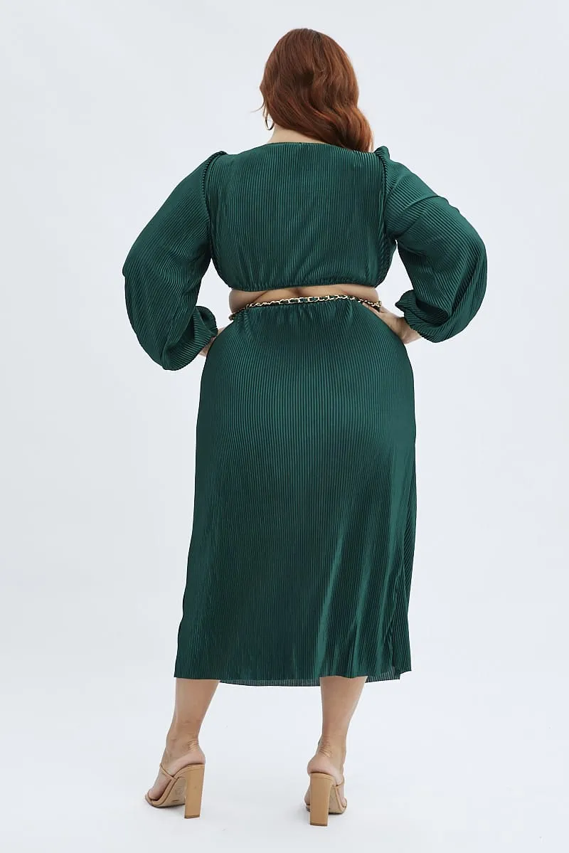 Chic Outfit Green Midi Dress Long Sleeve Cut Out Plisse