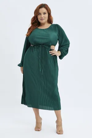 Green Midi Dress Long Sleeve Cut Out Plisse Tall Frame
