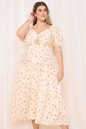 Trendy Style All Day Comfort Pink Floral Midi Dress Short Sleeve Floral Twist Front
