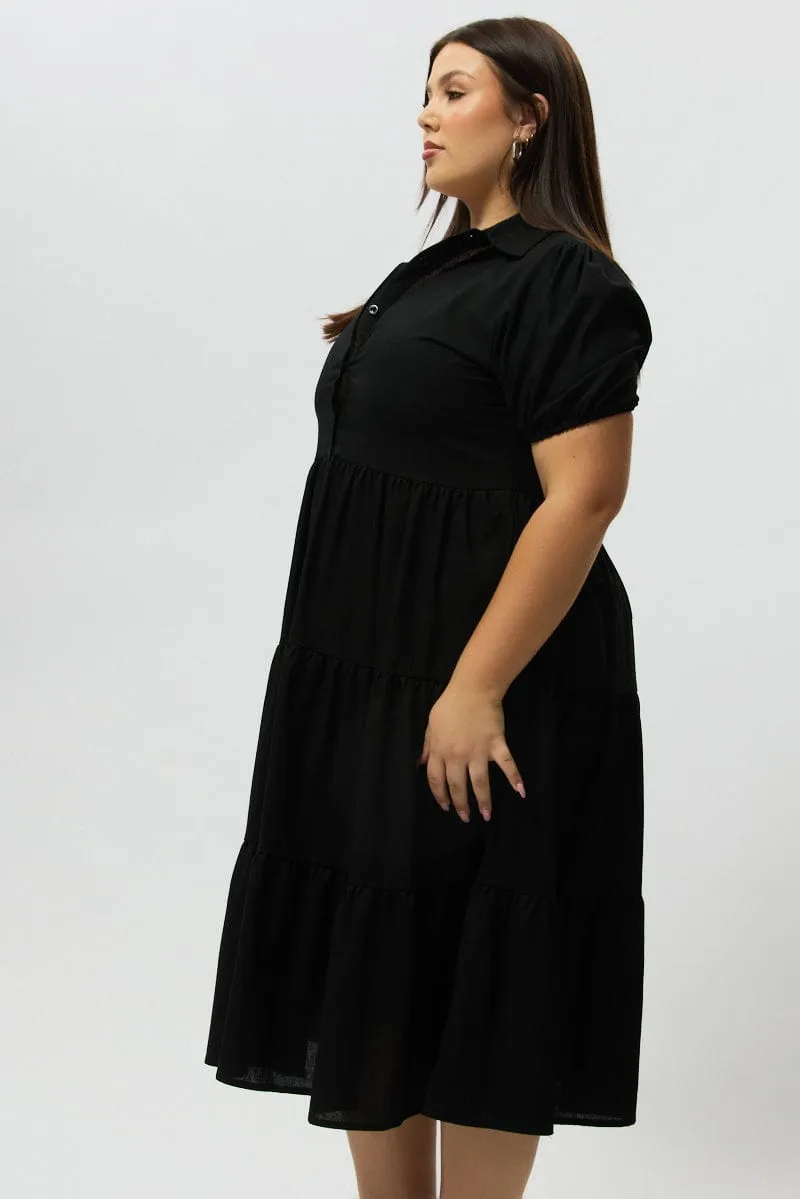 Light and breathable daywear Black Midi Dress Short Sleeve Shirt