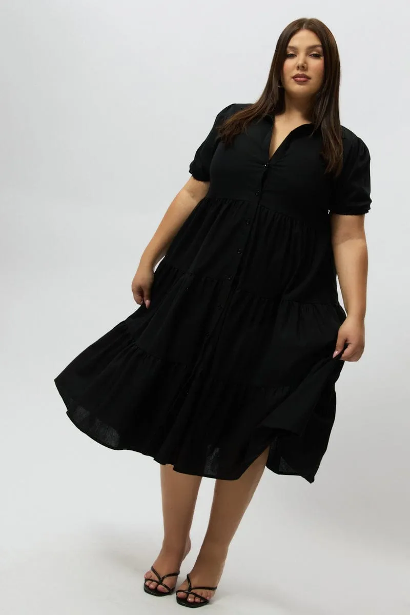 Haze Light Black Midi Dress Short Sleeve Shirt