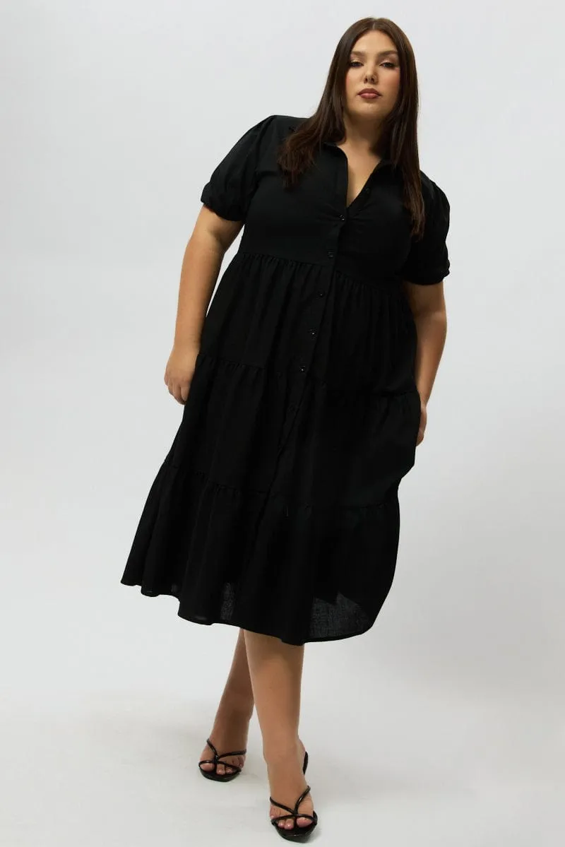 Comfy chic Black Midi Dress Short Sleeve Shirt
